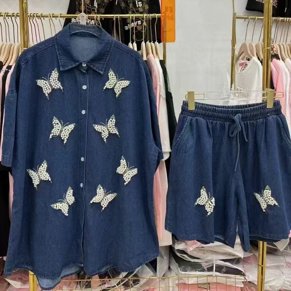 new european style heavy-duty denim set for women: designer cardigan and shorts, unique, fashionable, and relaxed fit two-piece outfit