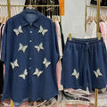 new european style heavy-duty denim set for women: designer cardigan and shorts, unique, fashionable, and relaxed fit two-piece outfit