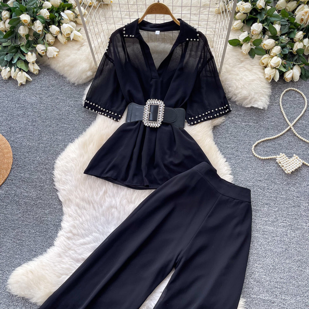 Lightly mature style, age-reducing and lazy feeling two-piece set women's summerstuds decorative waist topshigh waistloose pantssuit