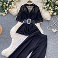 Lightly mature style, age-reducing and lazy feeling two-piece set women's summerstuds decorative waist topshigh waistloose pantssuit