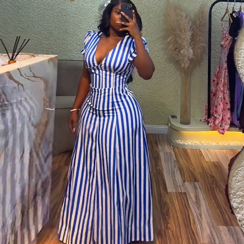 European and american cross-border women's fashion:  summer new arrival - elegant v-neck, puff sleeve, blue striped, high-waisted maxi dress
