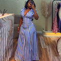 European and american cross-border women's fashion:  summer new arrival - elegant v-neck, puff sleeve, blue striped, high-waisted maxi dress