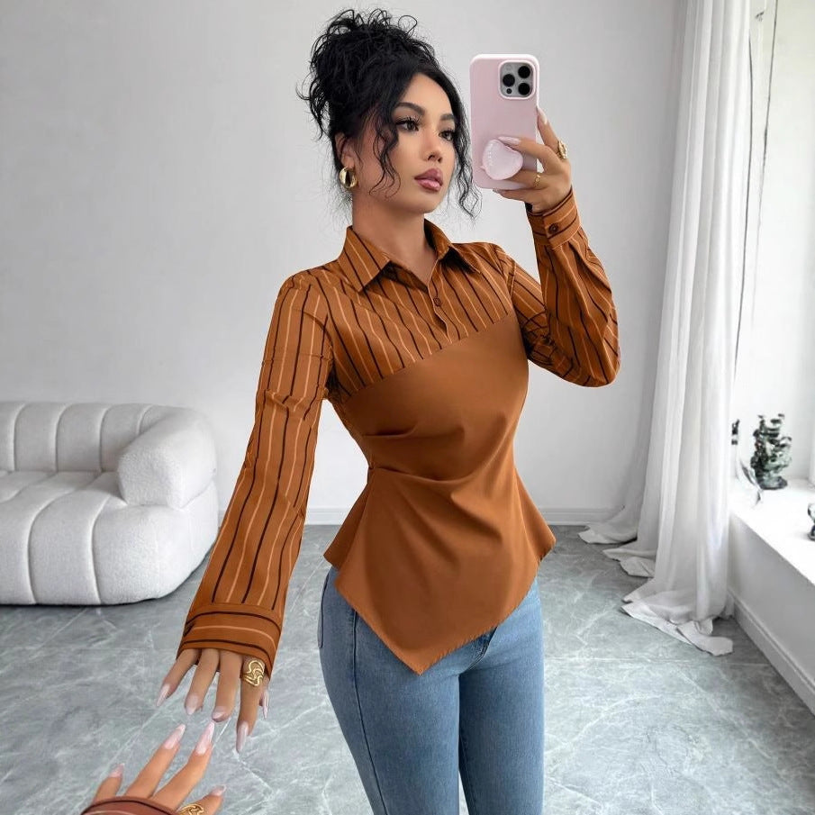 Amazon fashion  autumn new striped patchwork elegant chic workwear blouse