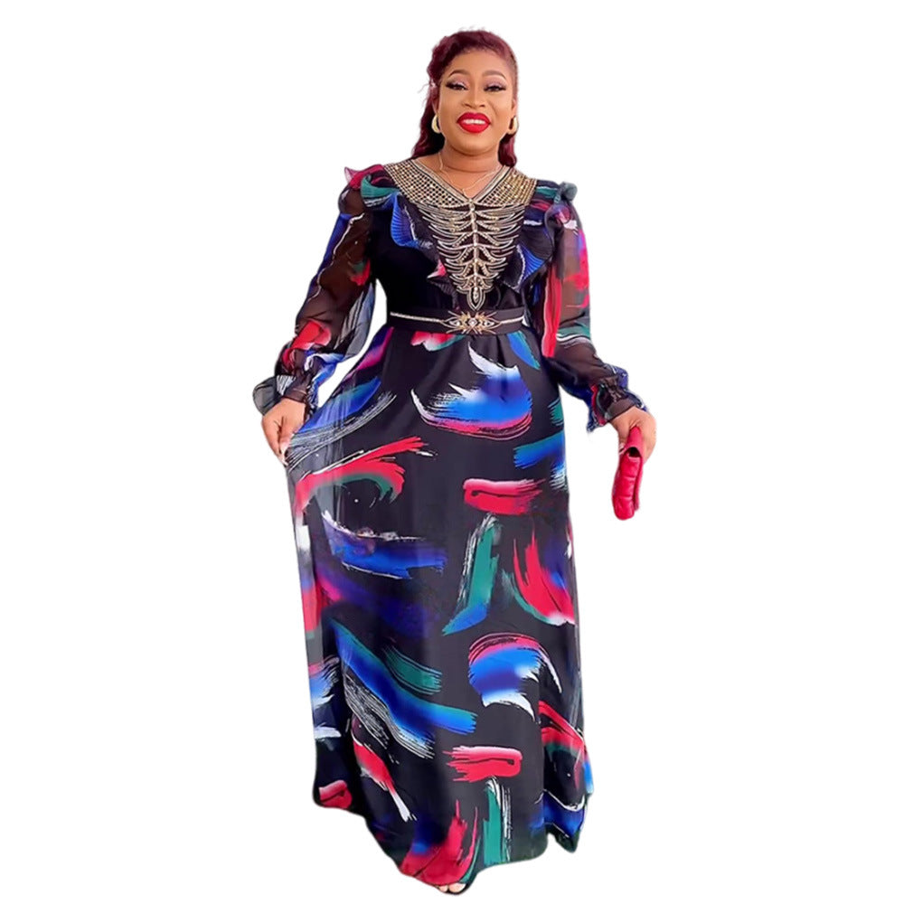 European and american new arrival african plus size women's v-neck dress - in stock, ready to ship -  cross-border e-commerce, chiffon printed maxi dress