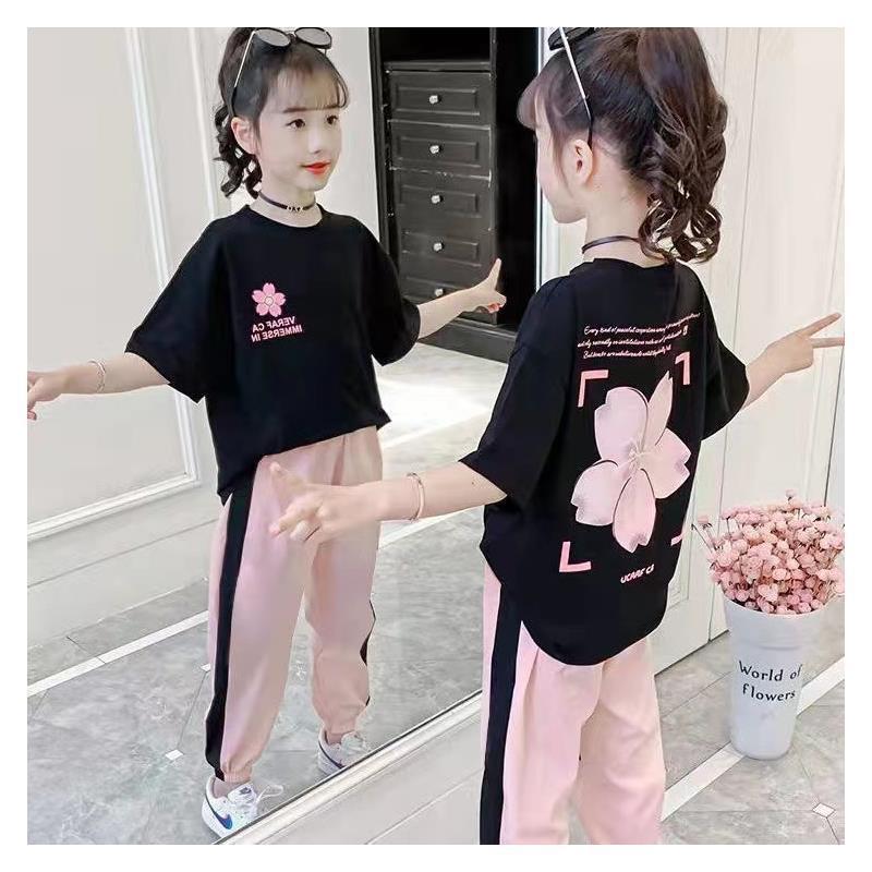 Girls' summer outfit set  new style kids' summer clothes chic short sleeve girls' fashionable sporty summer two-piece set