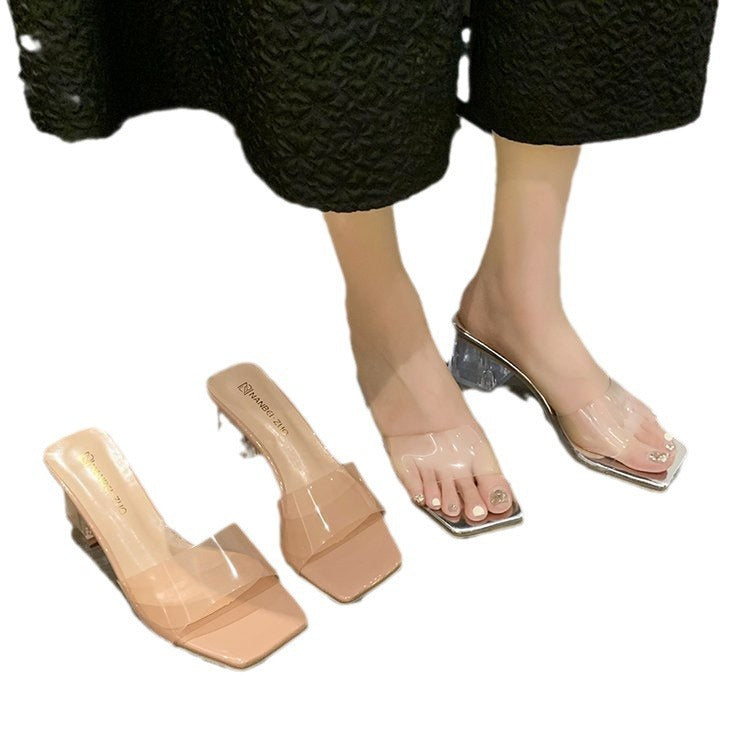 2025 summer new fashion outerwear sandals transparent crystal high heels chunky heel square toe thong sandals women's