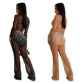 C6799 cross-border   fashion women's solid color mesh rhinestone long sleeve top and pants two-piece set
