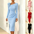 Shipped. european and american cross-border solid color floral embellished ruched waist long sleeve dress, evening gown