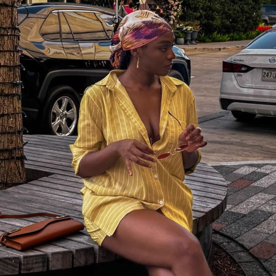 European and American large-size women's lapel cardigan yellow shirt shorts set women's African casual foreign style new two-piece set