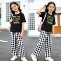short-sleeve lightweight set: stylish and casual plaid outfit for girls (sizes for mid-to-large children) - new summer two-piece set with plaid pants