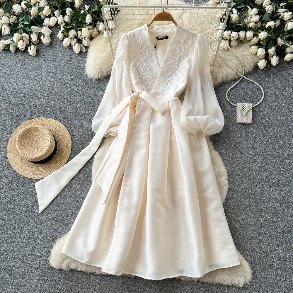 Luxury chic v-neck embroidered elegant dress - women's summer long sleeve tie-waist a-line dress - elegant and refined