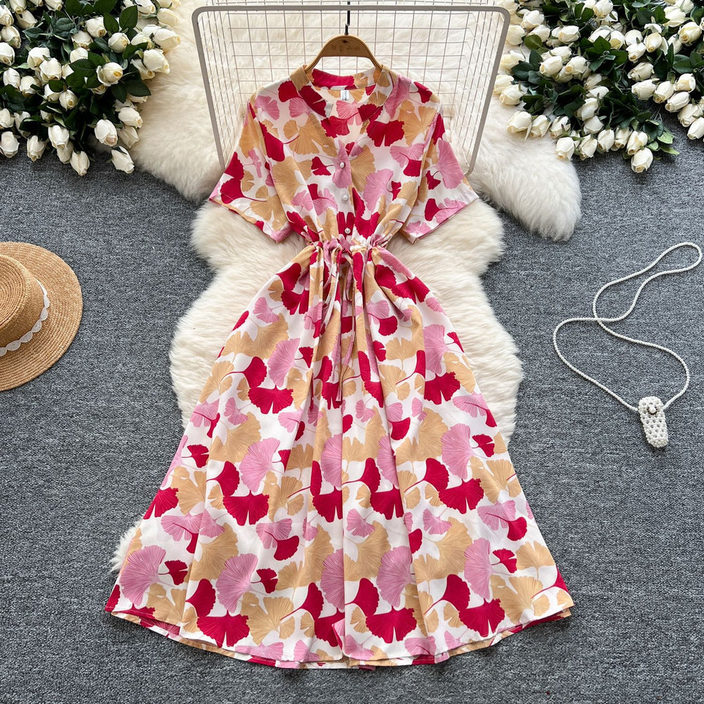 Frenchretrosense of design strappy waist short-sleeved printingdress women's summerslimming lookelegant large swing long skirt