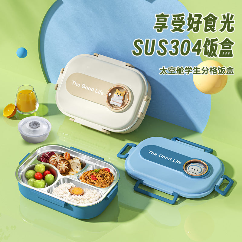 Korean primary school student lunch box 304 stainless steel children's grid lunch box, student lunch water filling and thermal insulation bento plate