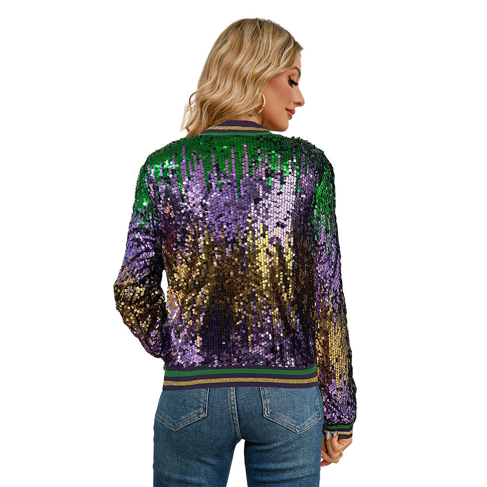10345 Cross-border European and American  long-sleeved cardigan stand-up collar sequined spring and autumn women's baseball jacket