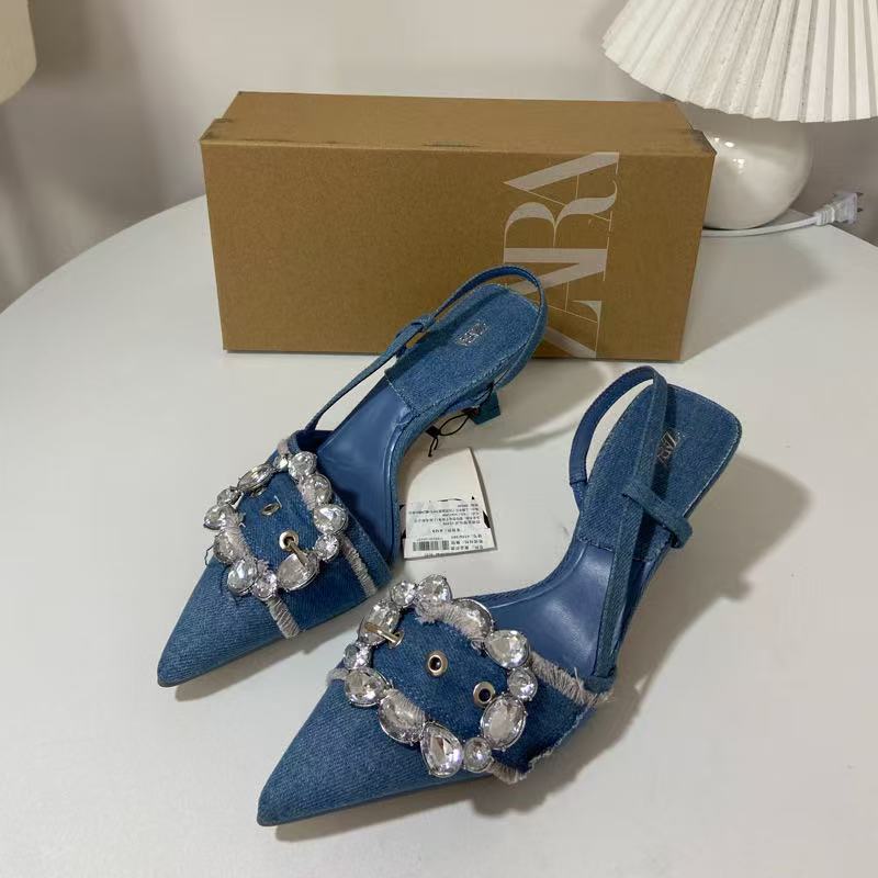 Za high heels women's 2025 new pointed toe blue denim women's shoes rhinestone square buckle decorated stiletto fashion sandals women