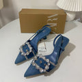 Za high heels women's 2025 new pointed toe blue denim women's shoes rhinestone square buckle decorated stiletto fashion sandals women