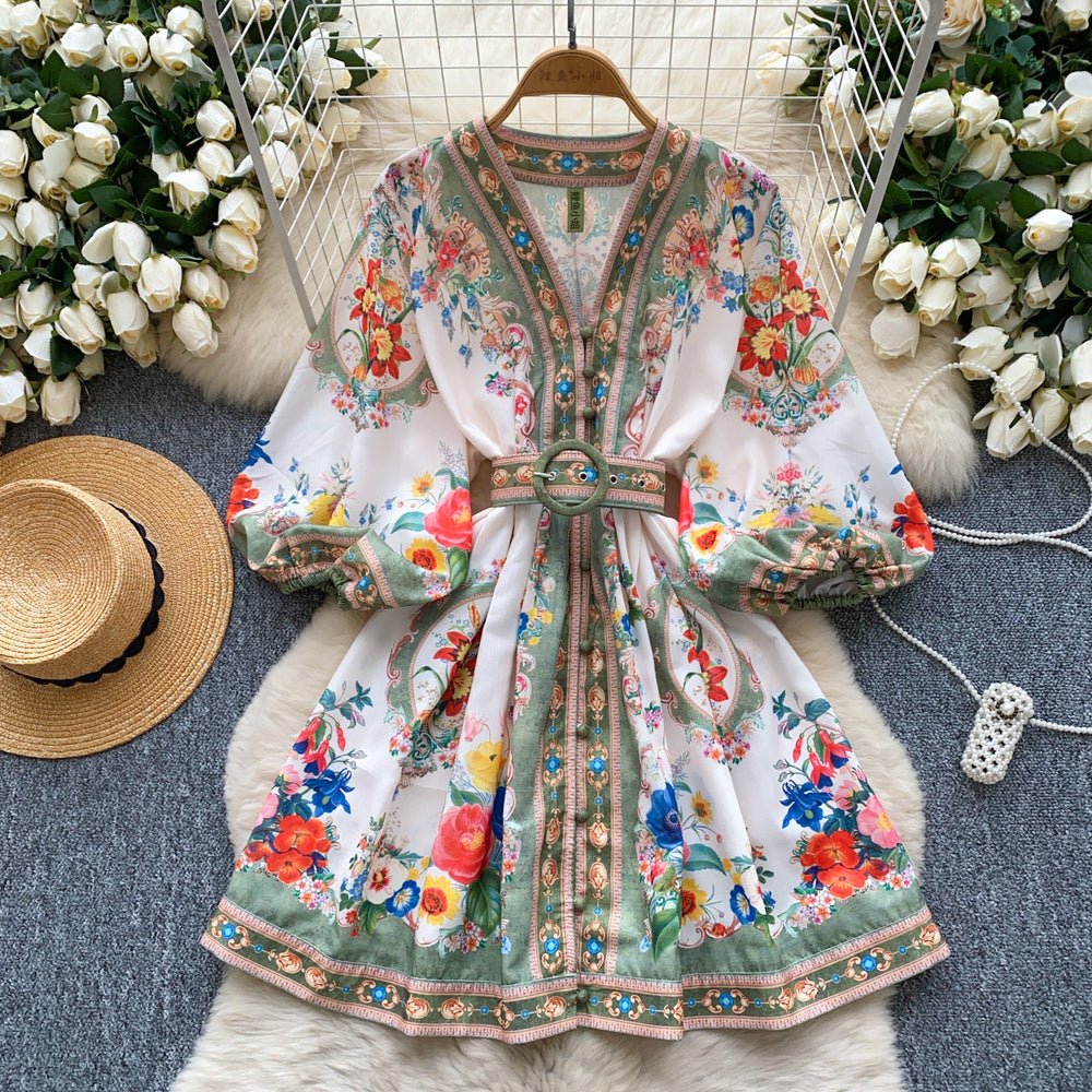 spring new arrivals: european and american style location print, slimming a-line v-neck single-breasted lantern sleeve mini dress