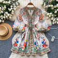 spring new arrivals: european and american style location print, slimming a-line v-neck single-breasted lantern sleeve mini dress