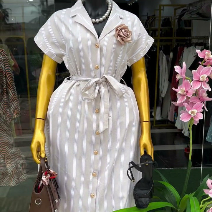 European and american cross-border women's fashion:  summer new arrival - elegant striped turn-down collar short-sleeve tie-waist shirt dress for women