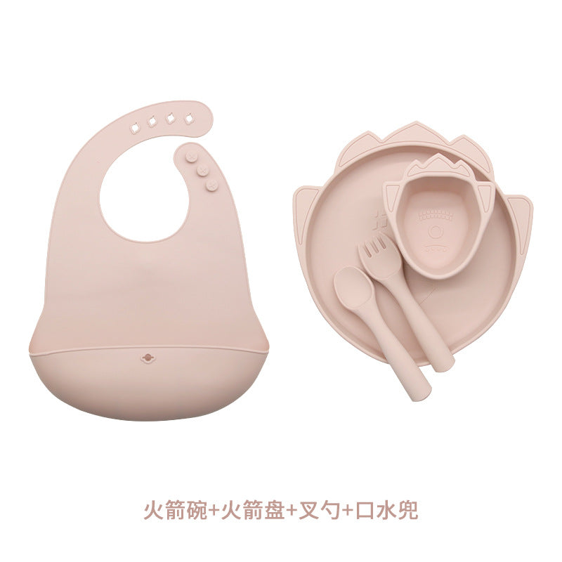 Customized silicone plate set, anti-drop baby bowl saliva pocket, multi-color cute style children's tableware set