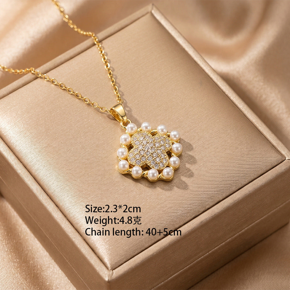 European and american hot-selling fashion zircon pearl necklace for women, lightweight luxury, niche, versatile, elegant, fashionable titanium steel clavicle chain jewelry