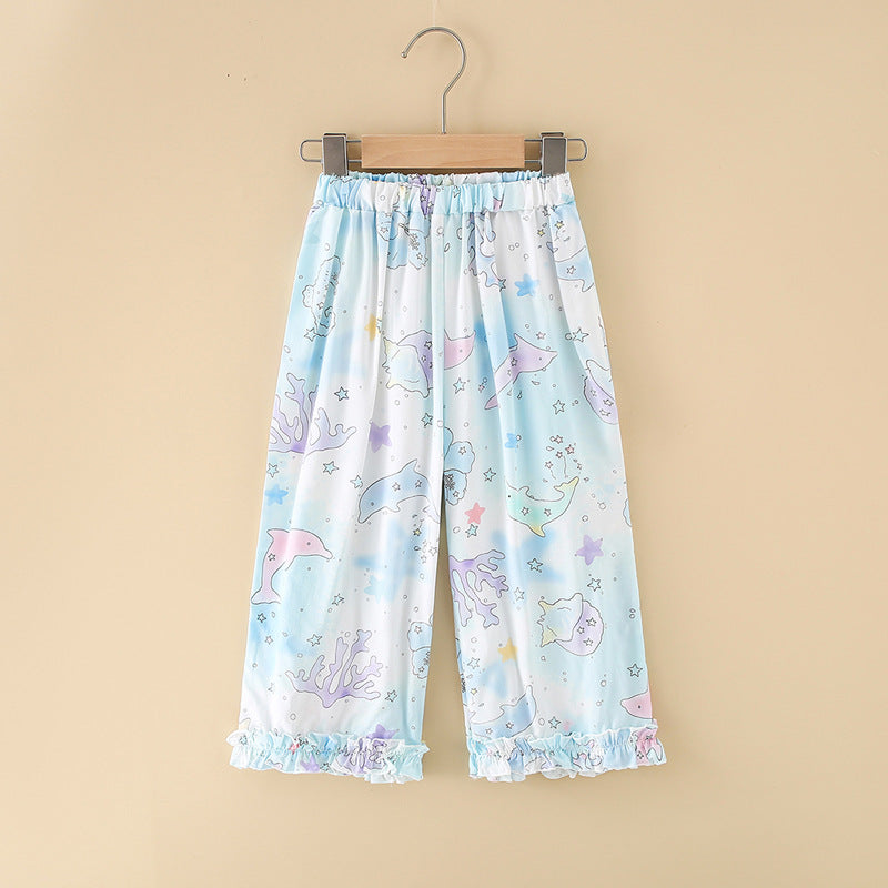 Girls' rayon summer lightweight pajama pants - cartoon print, loose fit, breathable, can be worn outdoors, cropped length