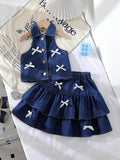 cross-border girls' fashion: european & american style halter collar denim vest + denim mini skirt bow set