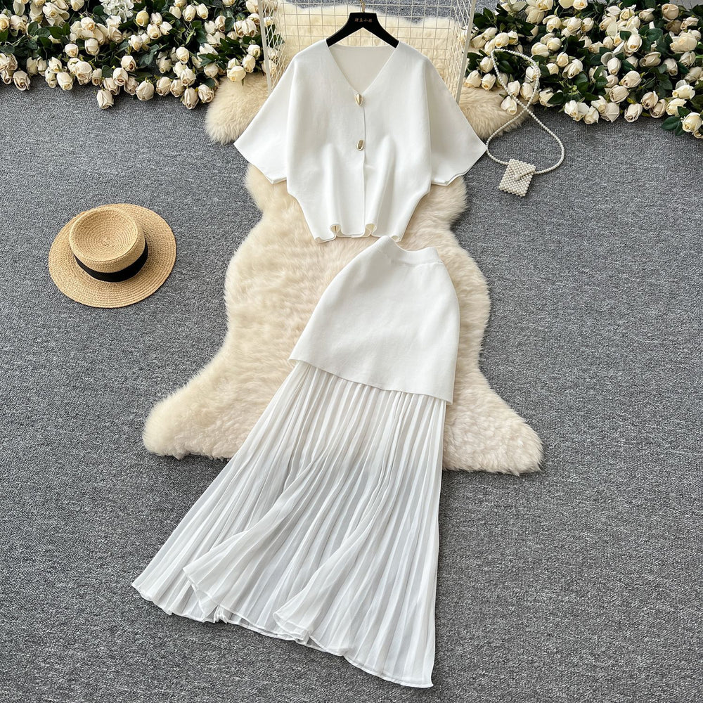 Sophisticated two-piece dress set:  summer collection - premium short-sleeve knit top & high-waisted pleated midi skirt