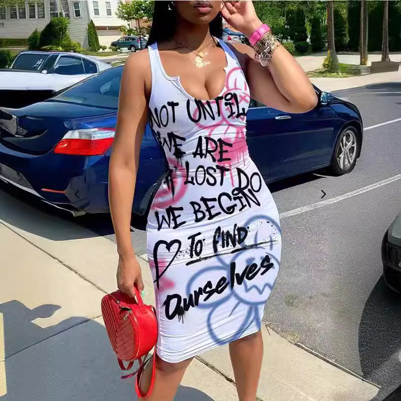 European and american cross-border fashion women's clothing:  summer new sleeveless u-neck graffiti print bodycon mini dress