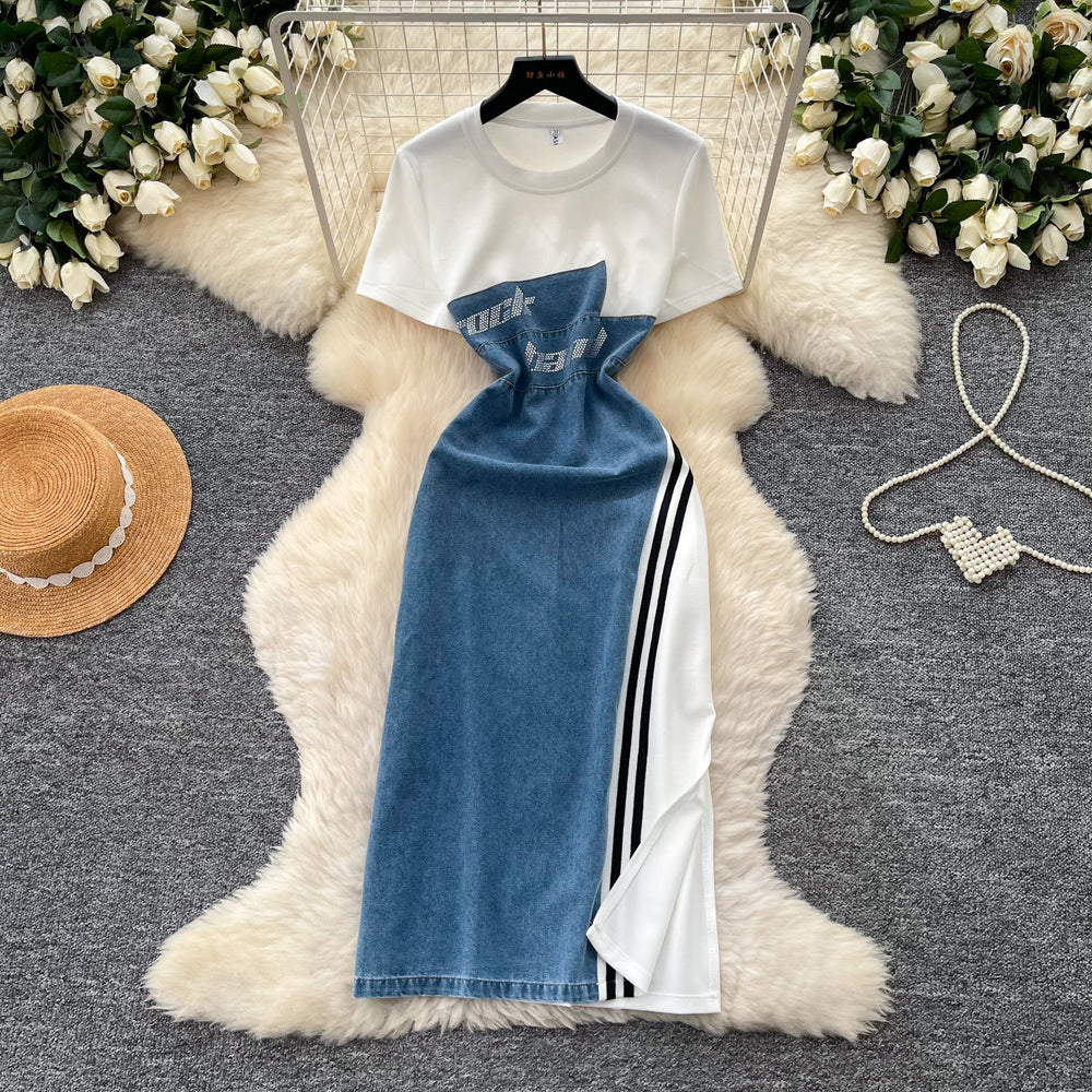 Korean style faux two-piece patchwork round neck dress - women's summer slimming a-line denim dress for work