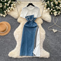 Korean style faux two-piece patchwork round neck dress - women's summer slimming a-line denim dress for work