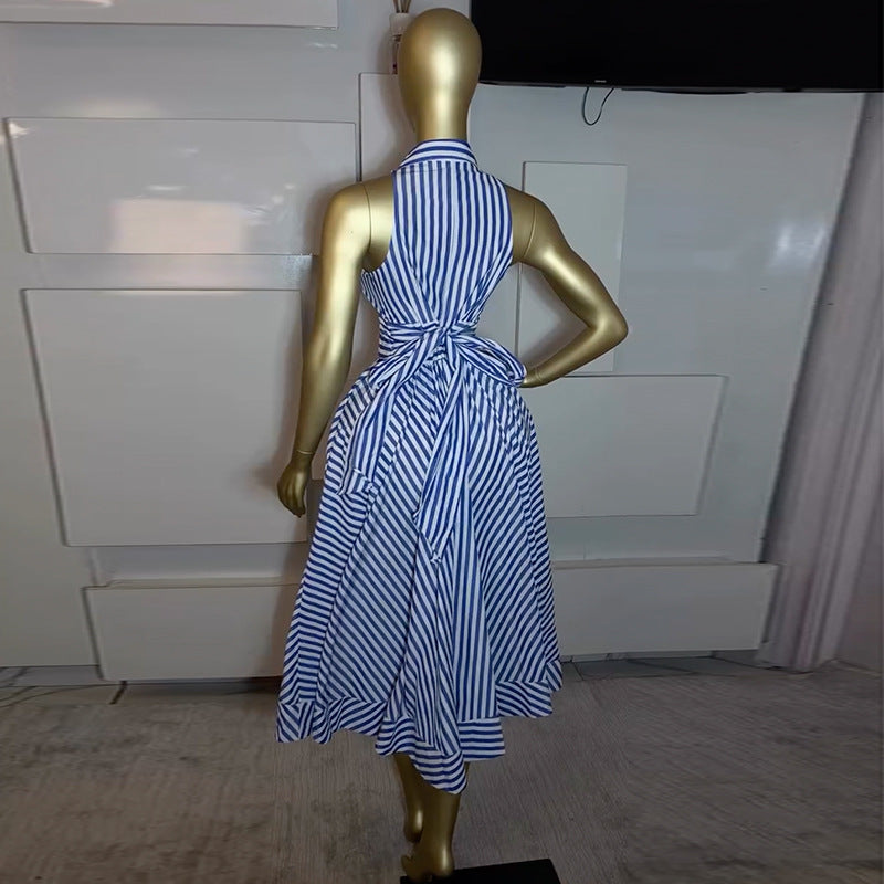 European and american cross-border women's fashion:  spring new arrival - elegant sleeveless striped shirt dress with tie waist, mid-length