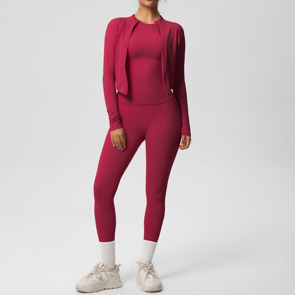 Ready-to-ship cross-border double-sided brushed microfiber seamless, breathable, and skin-friendly three-piece activewear set for women, perfect for running, fitness, and yoga
