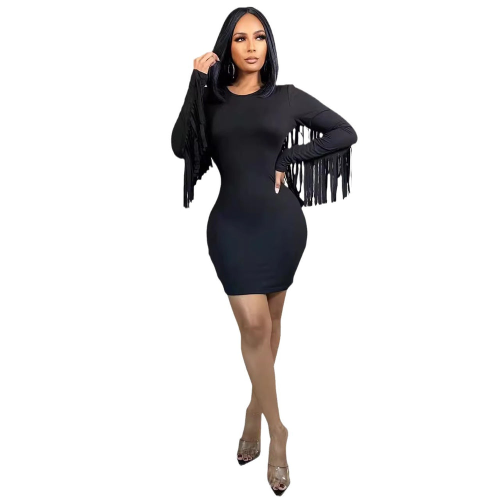 European and american cross-border women's fashion:  autumn hot-selling solid color long sleeve tassel round neck bodycon mini sexy dress