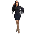 European and american cross-border women's fashion:  autumn hot-selling solid color long sleeve tassel round neck bodycon mini sexy dress