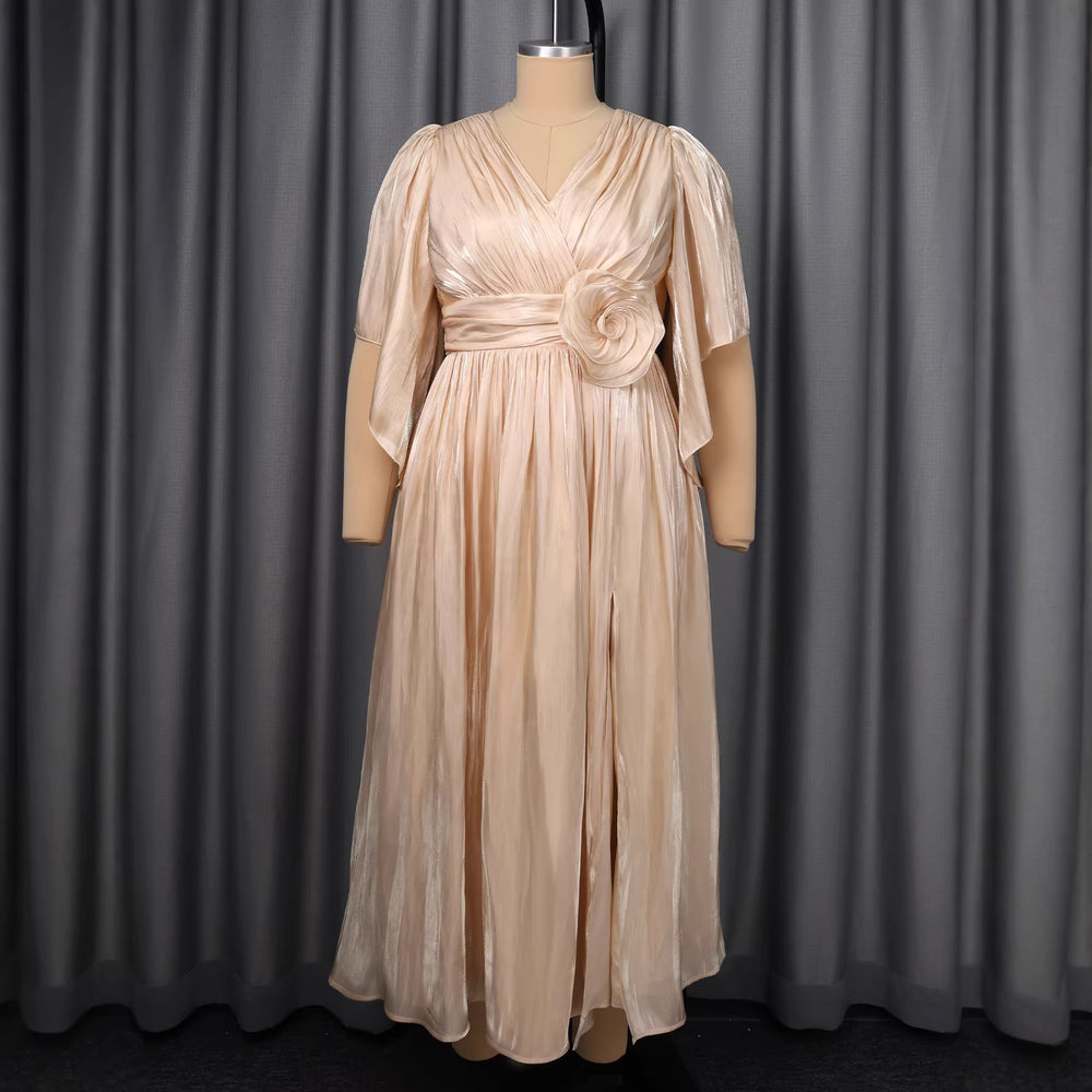 retrov necksatin mid-sleeve dress stereo flower waist slit evening party dress dress