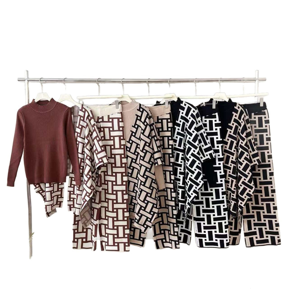 Lazy style casual three-piece set for women  winter loose outer shawl outwear inner bottom knitting shirt loose pants
