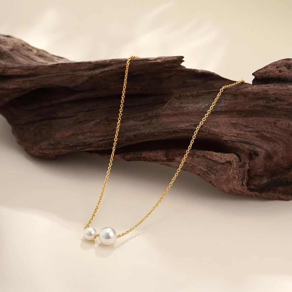 Amazon cross-border new fashion minimalist two round faux pearl necklace, versatile gold thin chain necklace jewelry