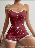 Amazon european and american style home wear multi-color heart print ribbed jacquard sexy lingerie set with camisole and shorts