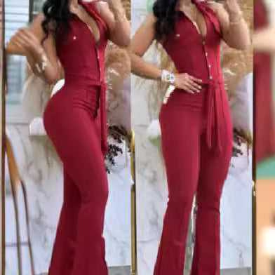 european and american export women's elegant v-neck button pocket high-waisted tie-waist solid color slim-fit jumpsuit