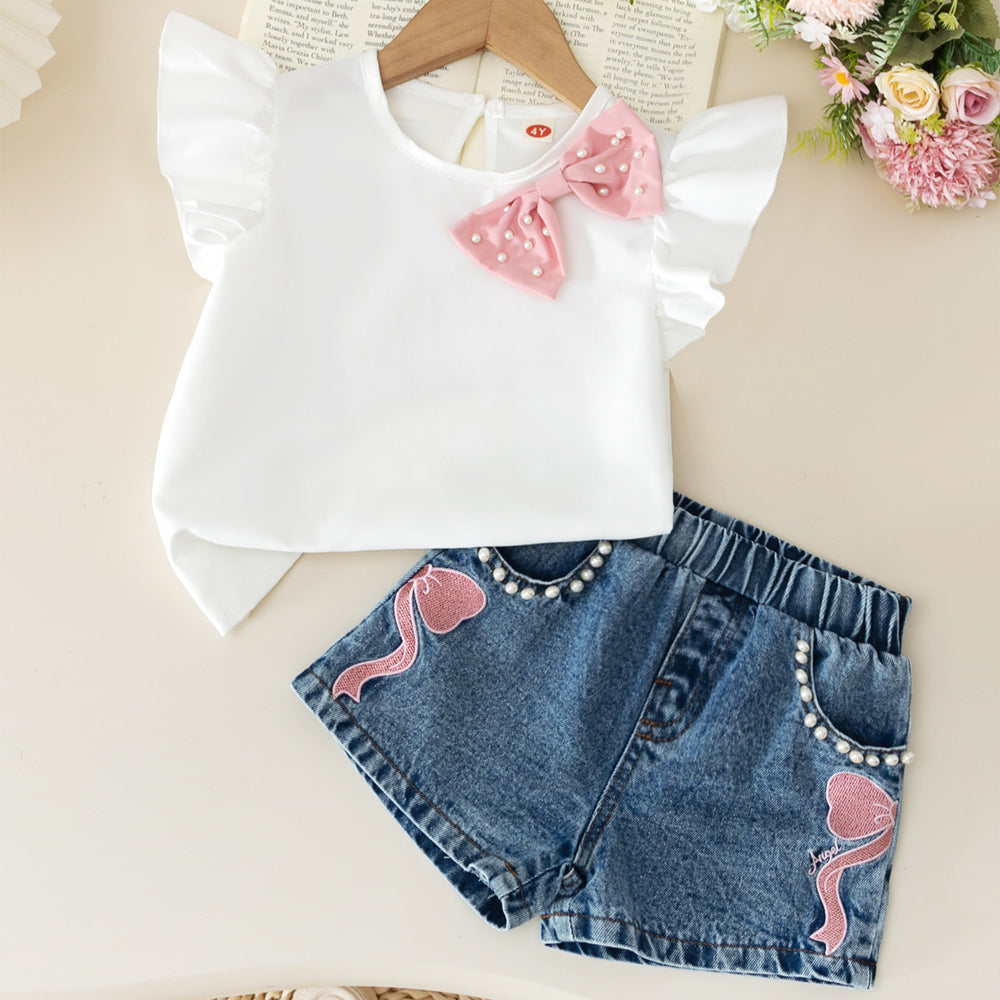 new arrival: girls' european & american style, elegant solid color flutter sleeve t-shirt with cute bow + denim shorts set