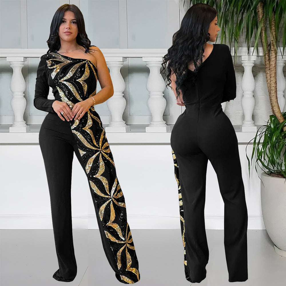 C7301 cross-border   fashion women's elegant bodycon one-shoulder sequin sleeveless jumpsuit