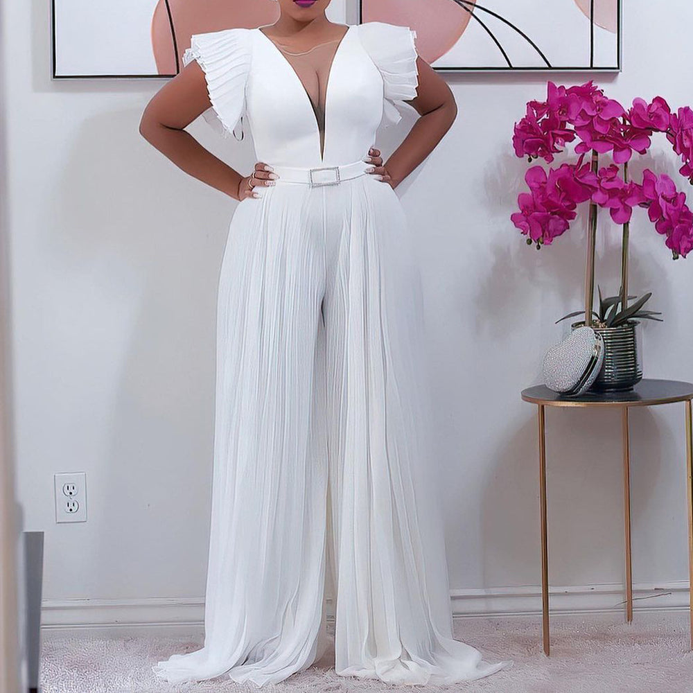Independent station summer deep v neck see-through mesh stitching pleated waist pure color wide-leg african european and american jumpsuit