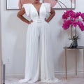 Independent station summer deep v neck see-through mesh stitching pleated waist pure color wide-leg african european and american jumpsuit