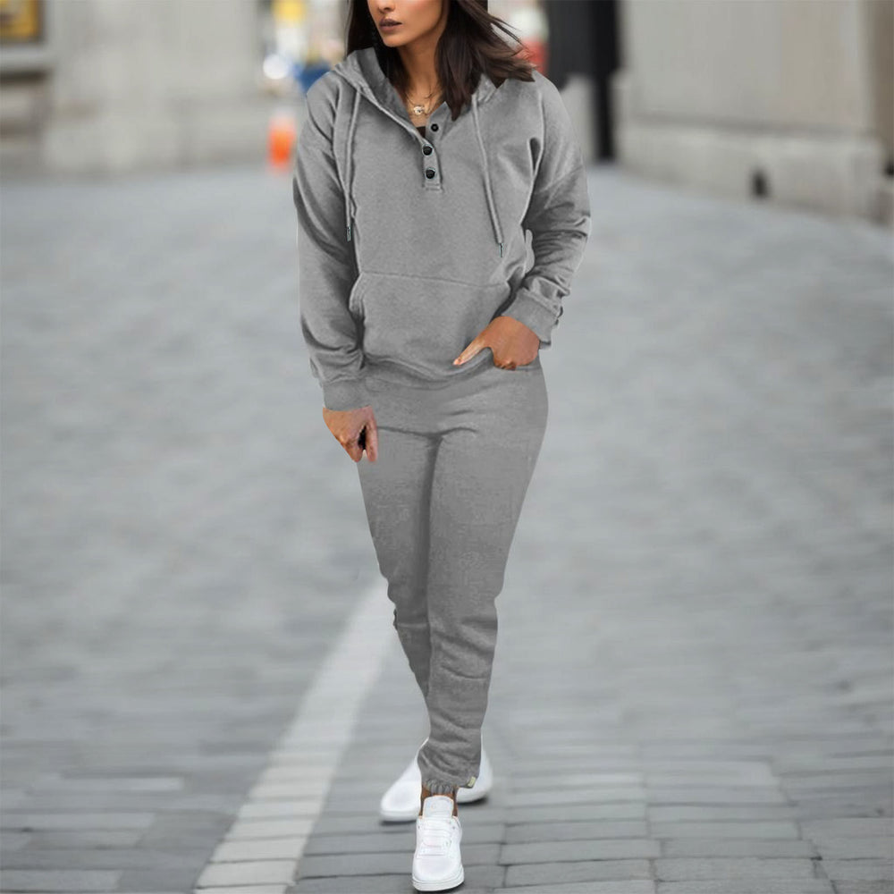 cross-border  women's solid color hooded long sleeve sweatshirt & fashionable tapered leg pants two-piece set