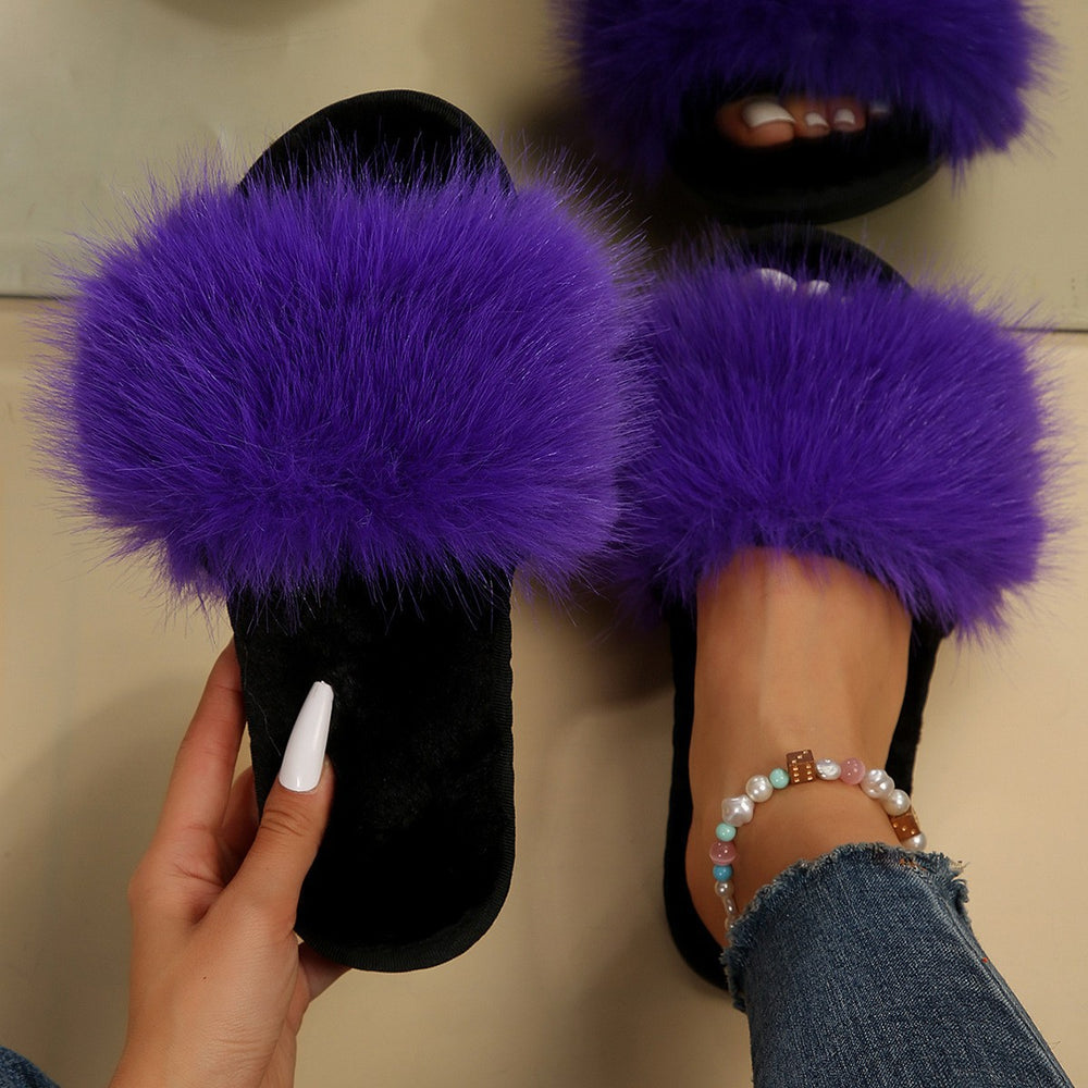 Fuzzy slippers women's outerwear 2025 new korean style ins trendy shoes autumn and winter one-strap thick sole cotton slippers autumn and winter collection
