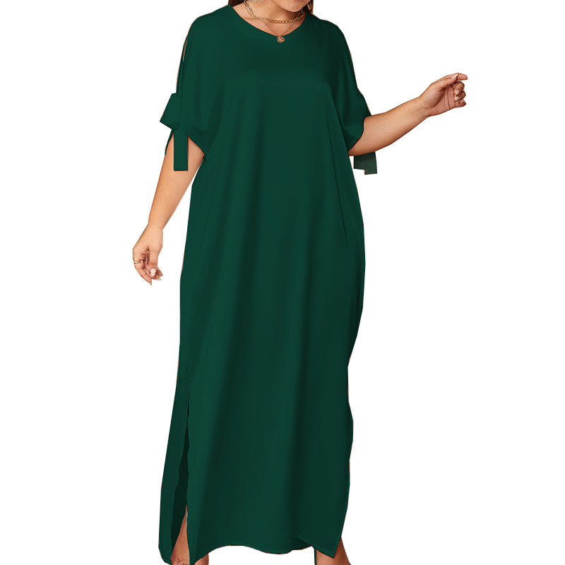 plus size women's solid color round neck bow slit maxi dress - loose fit robe, elegant and comfortable
