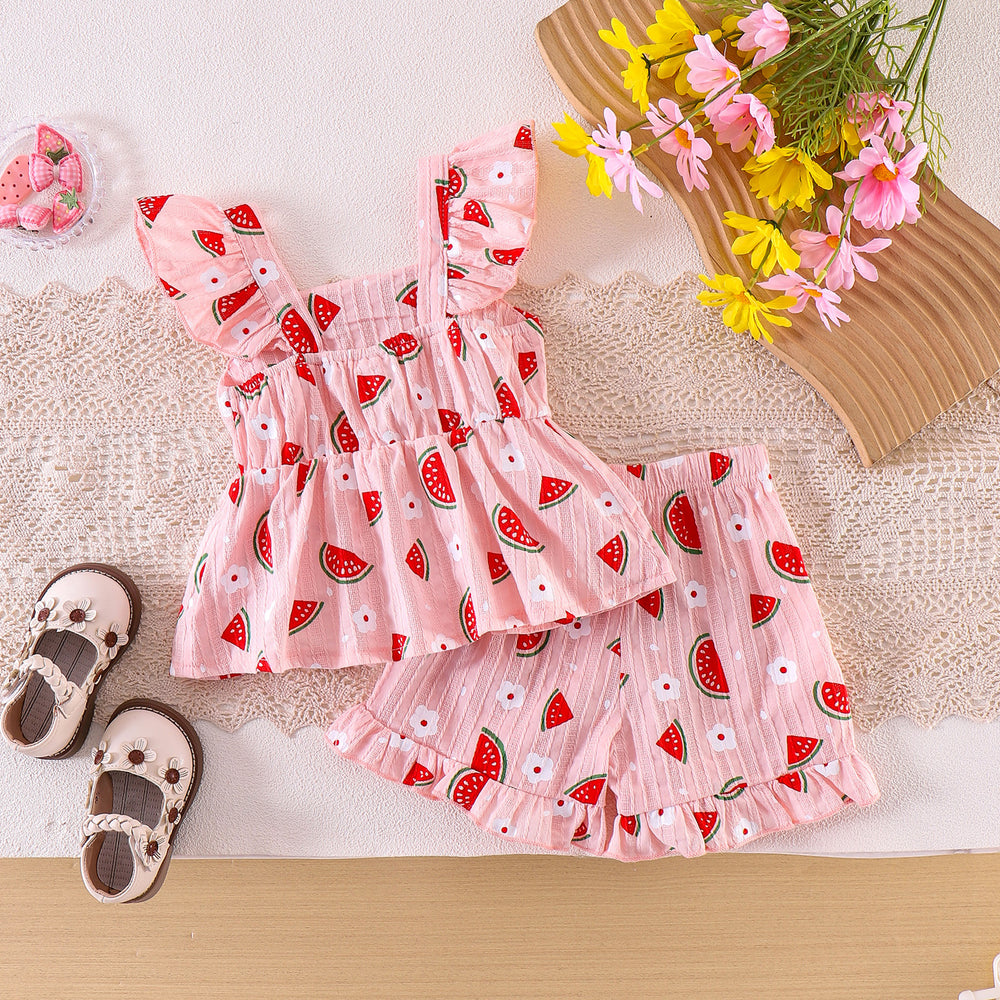 Children's clothing cross-border european and american girls watermelon pattern pink flying sleeve tops+shorts