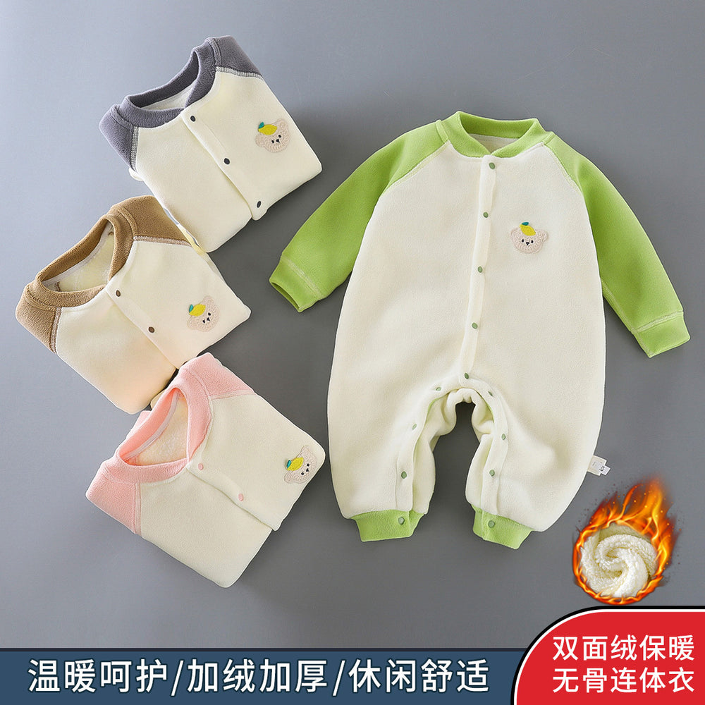 Newborn outing clothes baby winterthickened onesie baby heattechlong sleeves haki infant fleece-lined rompers