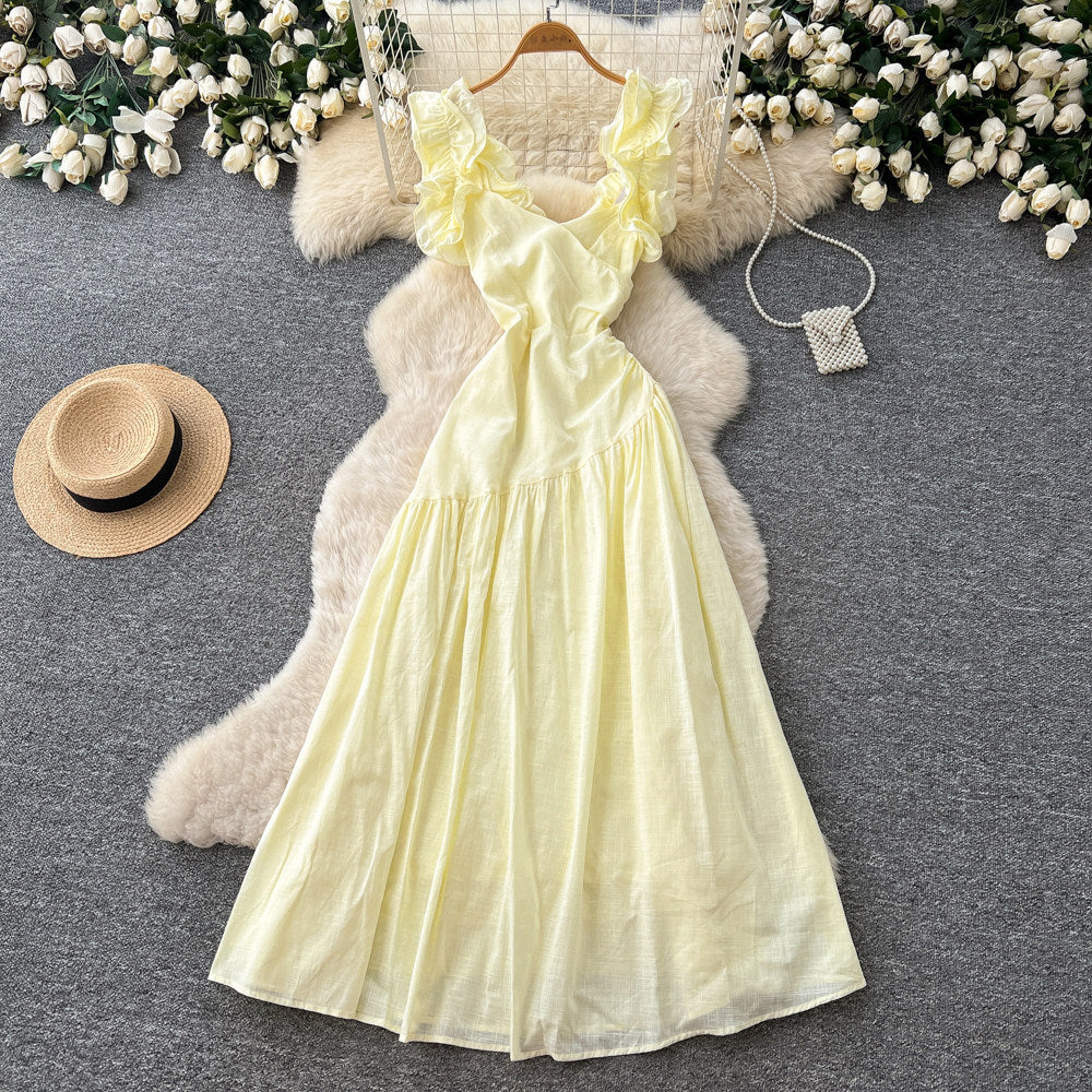 Frenchruffles square neck dress women's summernew arrivalk-stylehigh waistslimming look holiday styleelegant long skirt